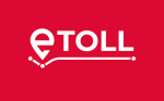 Logo e-toll. Biały napis na czerwonym tle.